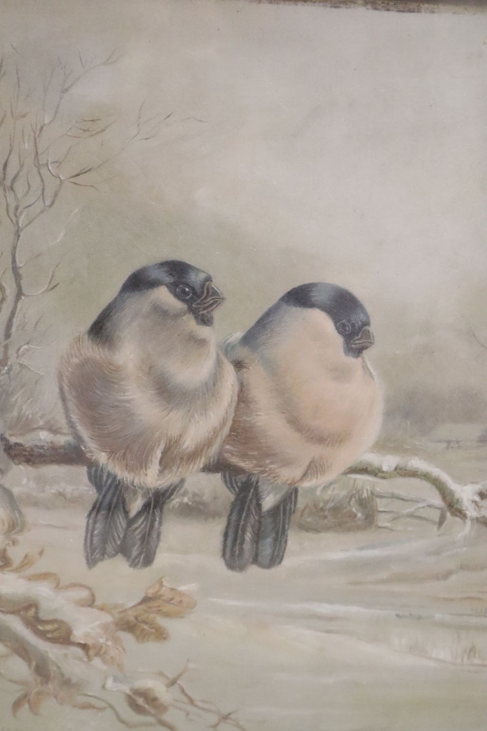 W.H. Hawkins, pair of oils on board, Bull finches and Gold finches in winter, signed, 26 x 19cm